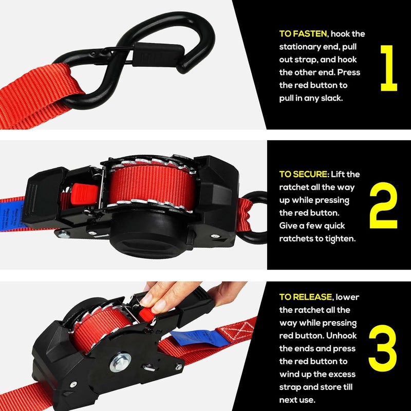 ANLU LOAD ANLULOAD Retractable Ratchet Strap(1 in x 9.8 ft),Ratchet Tie Down Strap for Motorcycles, Boats,Atvs,Utvs.W.L.L:700 Lbs/B.S:2,100 Lbs-(4Packs) (Red) - Image 3